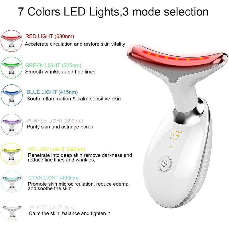 Radiance Lift Device: face & neck beauty tool with 7-color LED lights for smoother, firmer skin with gentle warmth.