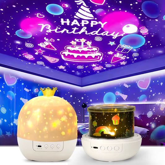 The Tren-Dora StarGlow™ Rotating Galaxy Projector Lamp casts colorful Happy Birthday text, cakes, and party icons onto your ceiling, while two night lights below offer adjustable brightness and playful, festive projections in a decorated room.