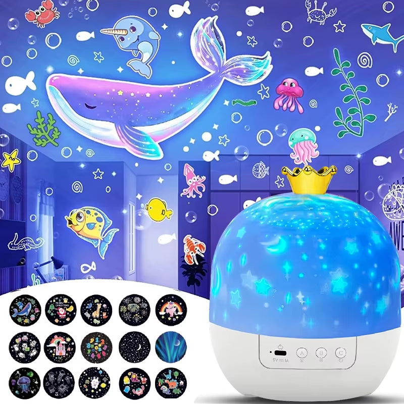 The Tren-Dora StarGlow™ Rotating Galaxy Projector Lamp features a crown-like top and projects glowing ocean-themed images—such as smiling whales, fish, and jellyfish—onto your room, with 12 interchangeable slide patterns at the base.