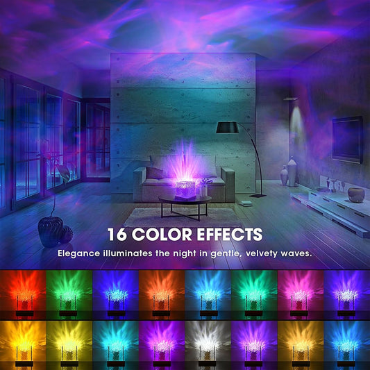 In a modern living room, the Tren-Dora CrystalWave™ Ripple Lamp casts vibrant, water-like patterns on the walls and ceiling. Text: “16 Color Effects” and “Elegance illuminates the night in gentle, velvety waves.” Sixteen colors displayed below.