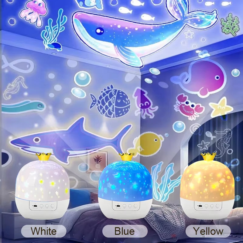 A bedroom is illuminated by the Tren-Dora StarGlow™ Rotating Galaxy Projector Lamp, casting colorful ocean animals like whales and fish, plus star patterns from three adjustable night lights, each topped with a golden crown.