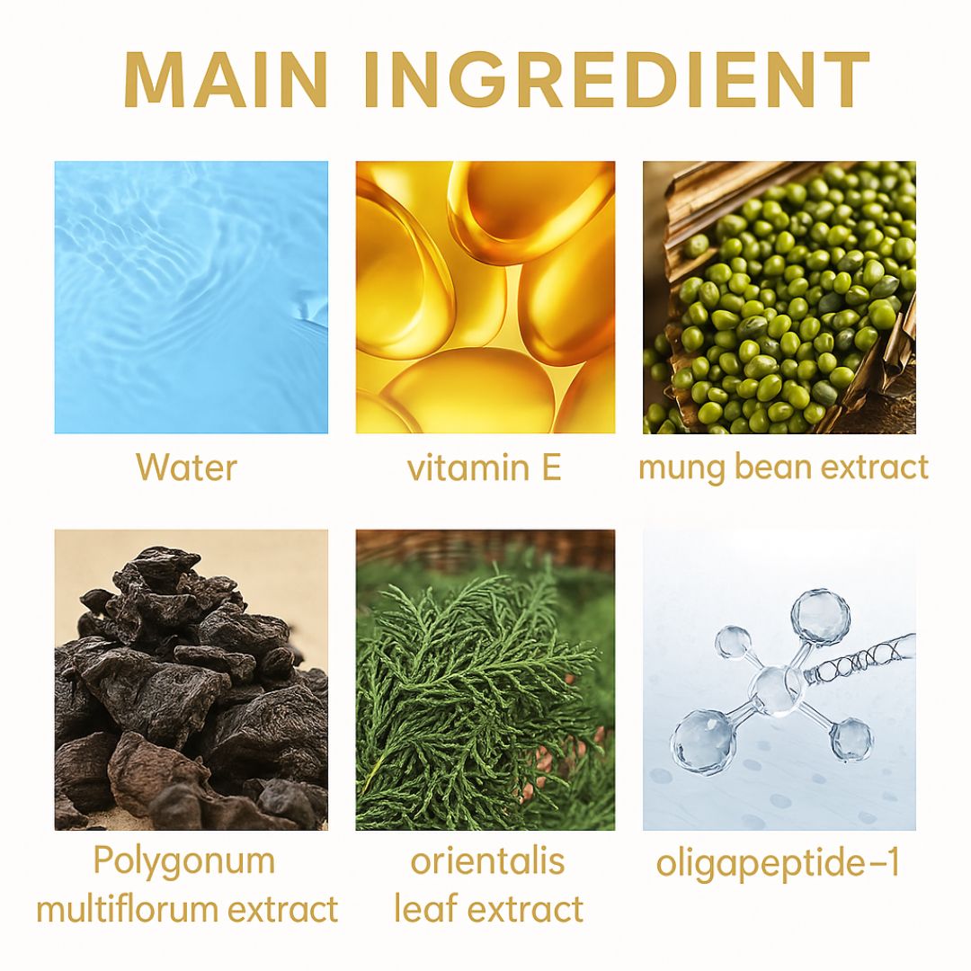 Lash Growth ingredients: water, vitamin E, mung bean extract, P. multiflorum extract, orientalis leaf, oligopeptide-1