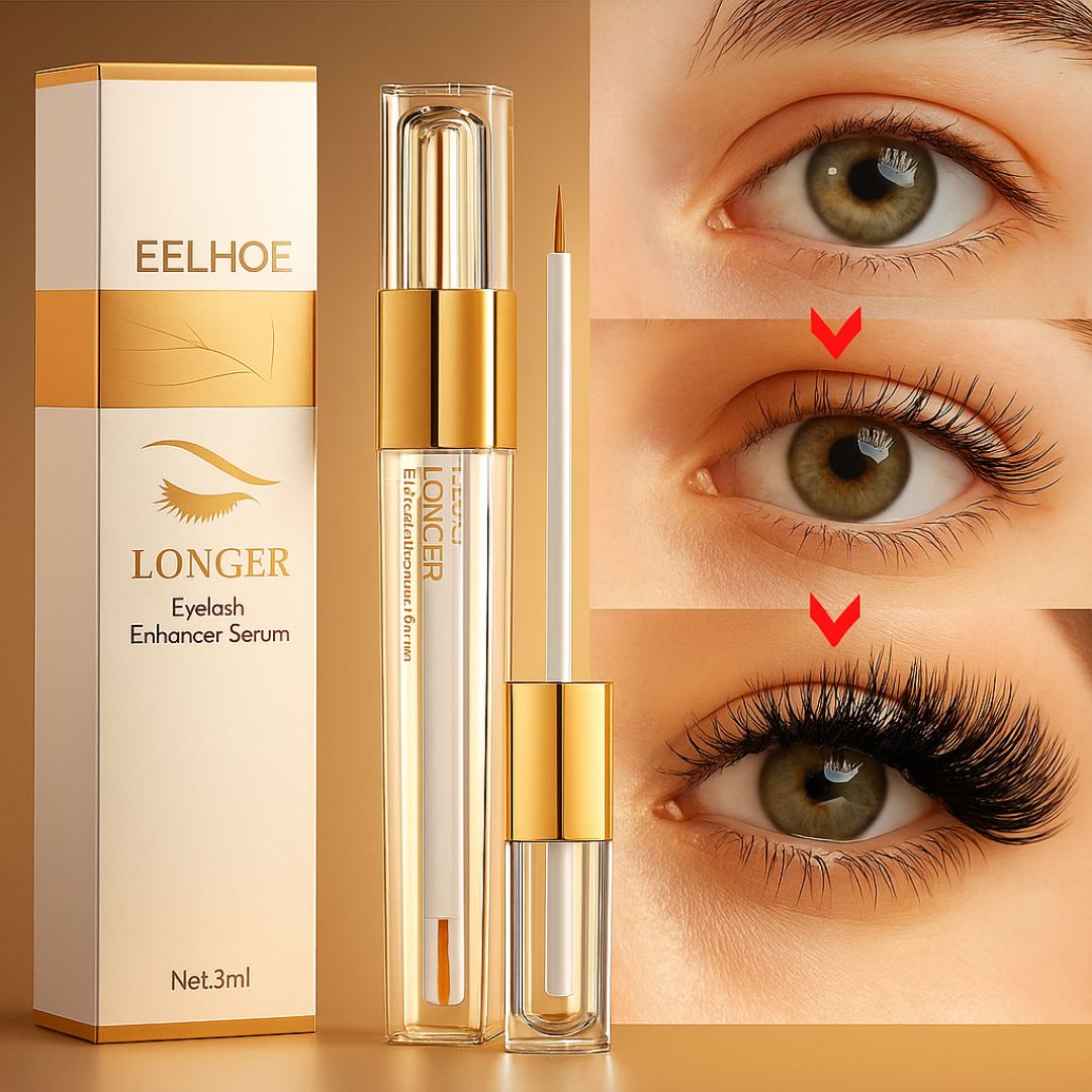 Advanced Lash Growth Serum box with gold applicator and three-eye sequence showing increasing lash length.