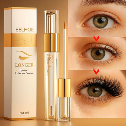 Advanced Lash Growth Serum box with gold applicator and three-eye sequence showing increasing lash length.