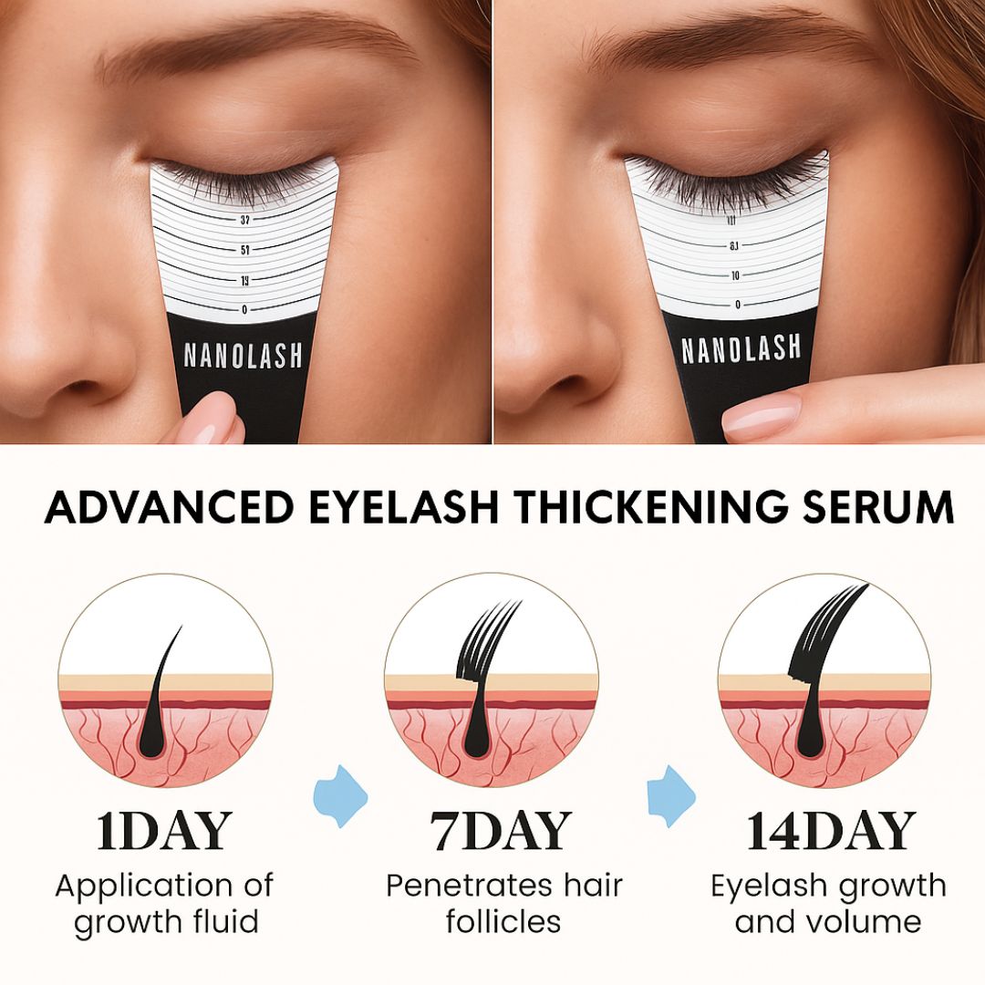 5-Day Growth Serum image A woman measures her lashes while illustrations show how Tren-Dora's 5-Day Growth Serum enhances lash length and volume after 1, 7, and 14 days, highlighting the benefits of this advanced natural eyelash enhancer.