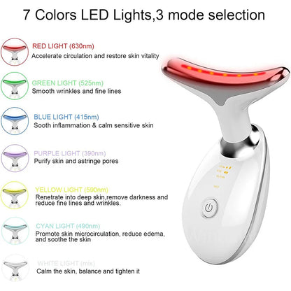Radiance Lift Device: face & neck beauty tool with 7-color LED lights for smoother, firmer skin with gentle warmth.