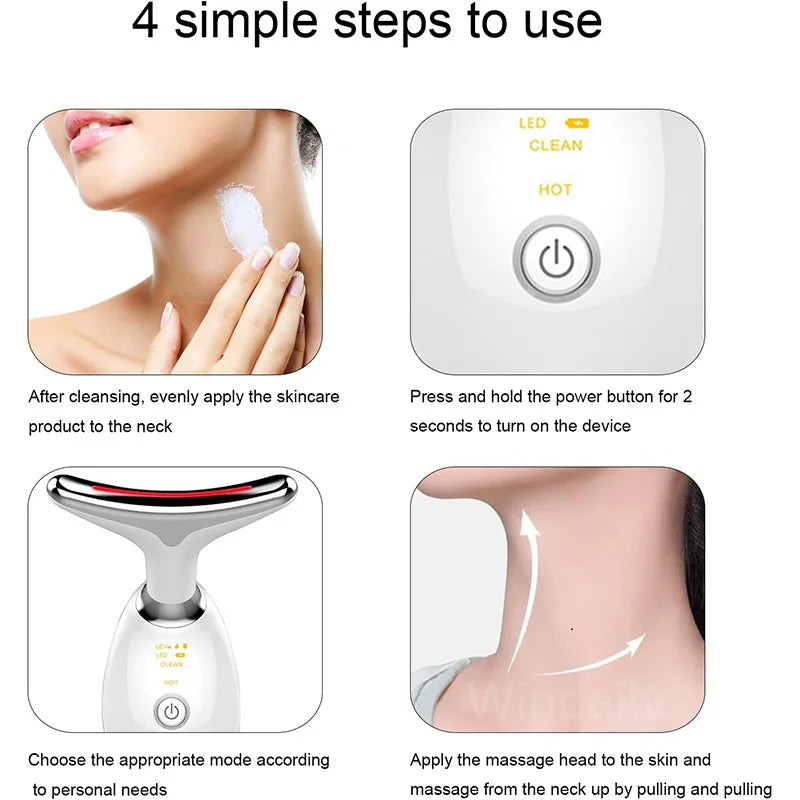 Radiance Lift Device: four-step face & neck beauty guide: apply cream, power on, glide device, massage neck.