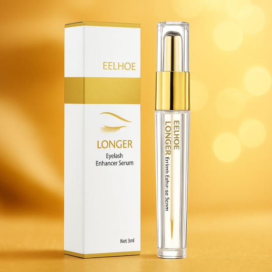 Advanced Lash Growth serum box and glass bottle with gold cap, white packaging, and lash icon.