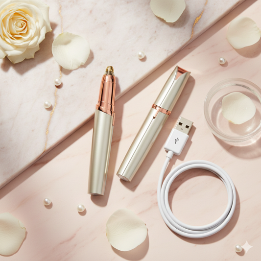 Flawless Finish eyebrow trimmer (3rd-gen) with USB cable, gold-silver handle, designed for precise brow shaping.