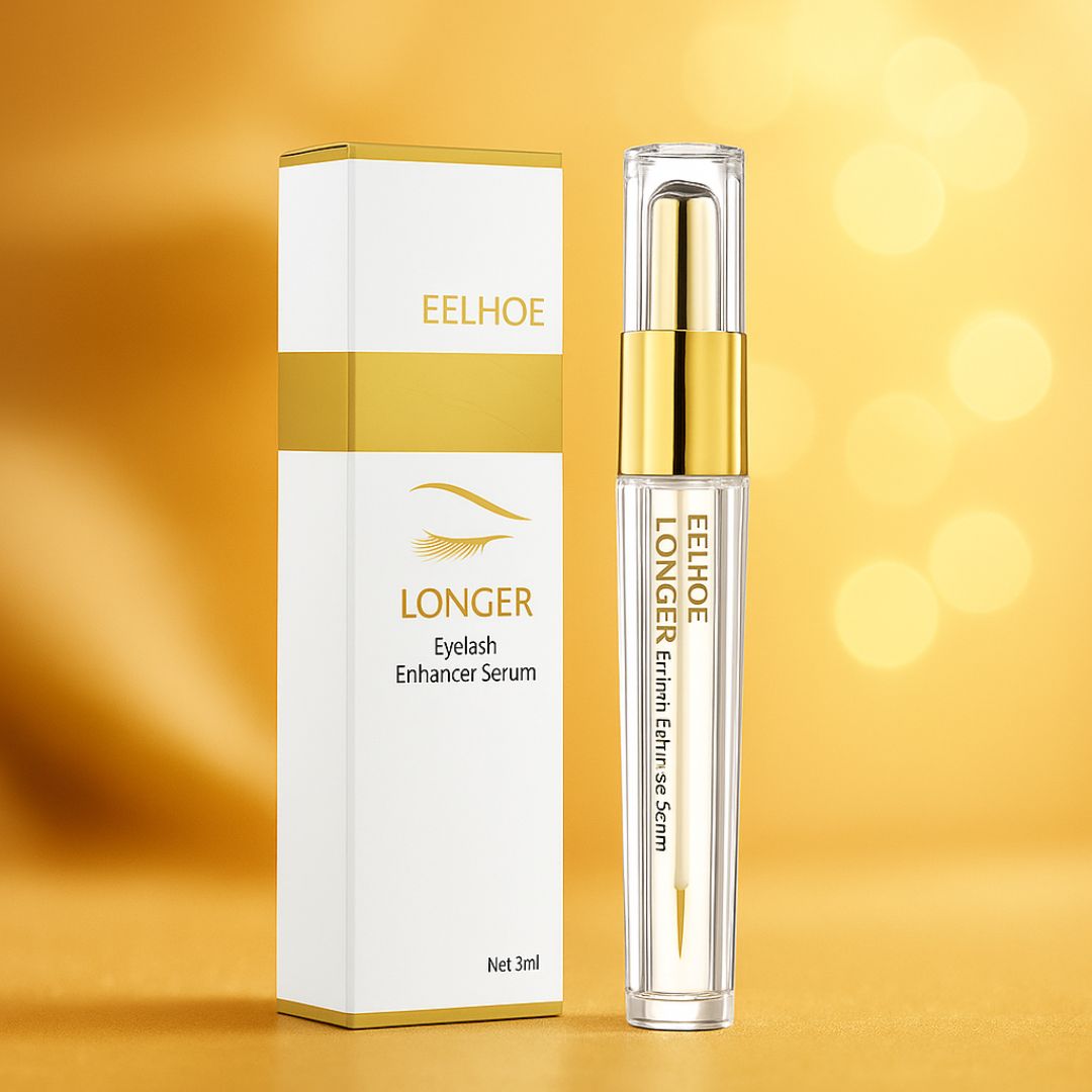 Advanced Lash Growth Serum with peptide-rich formula; box labeled LONGER Eyelash Enhancer Serum beside bottle.