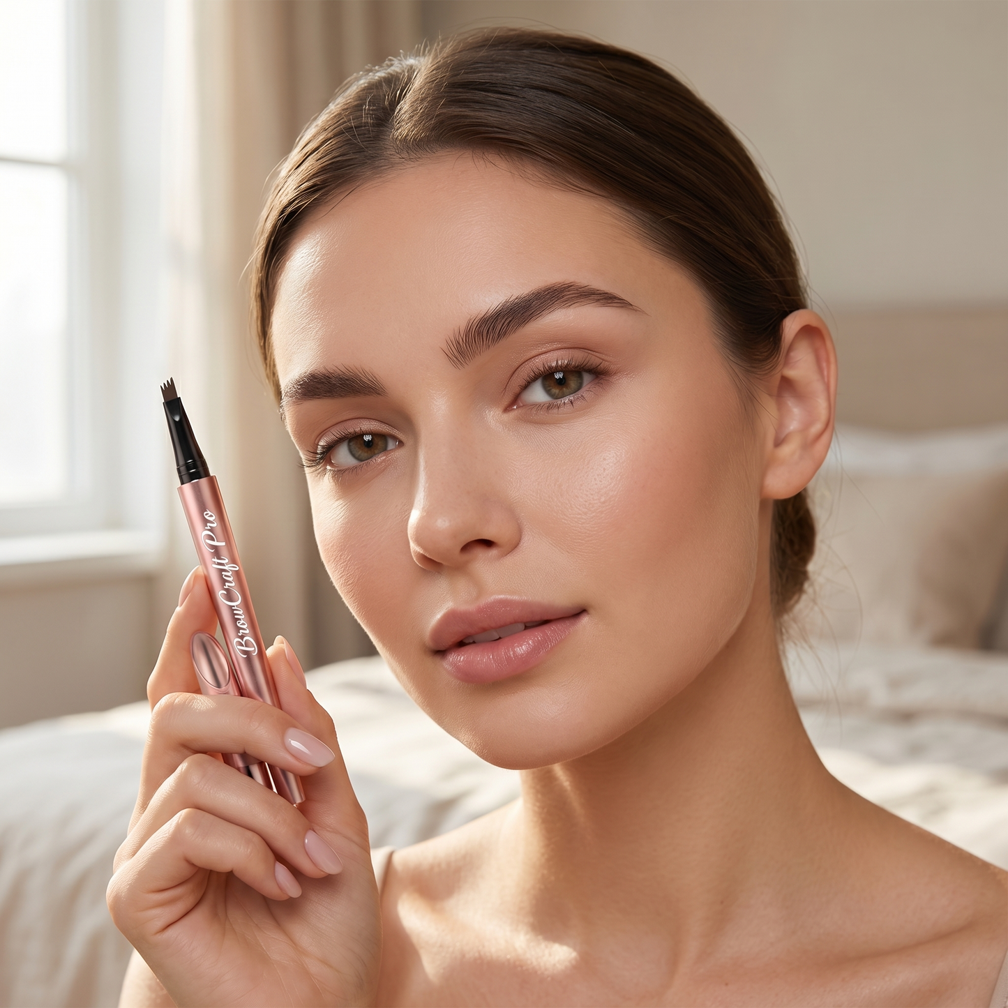 Woman holding BrowCraft Pro eyebrow pen showing natural flawless brow finish