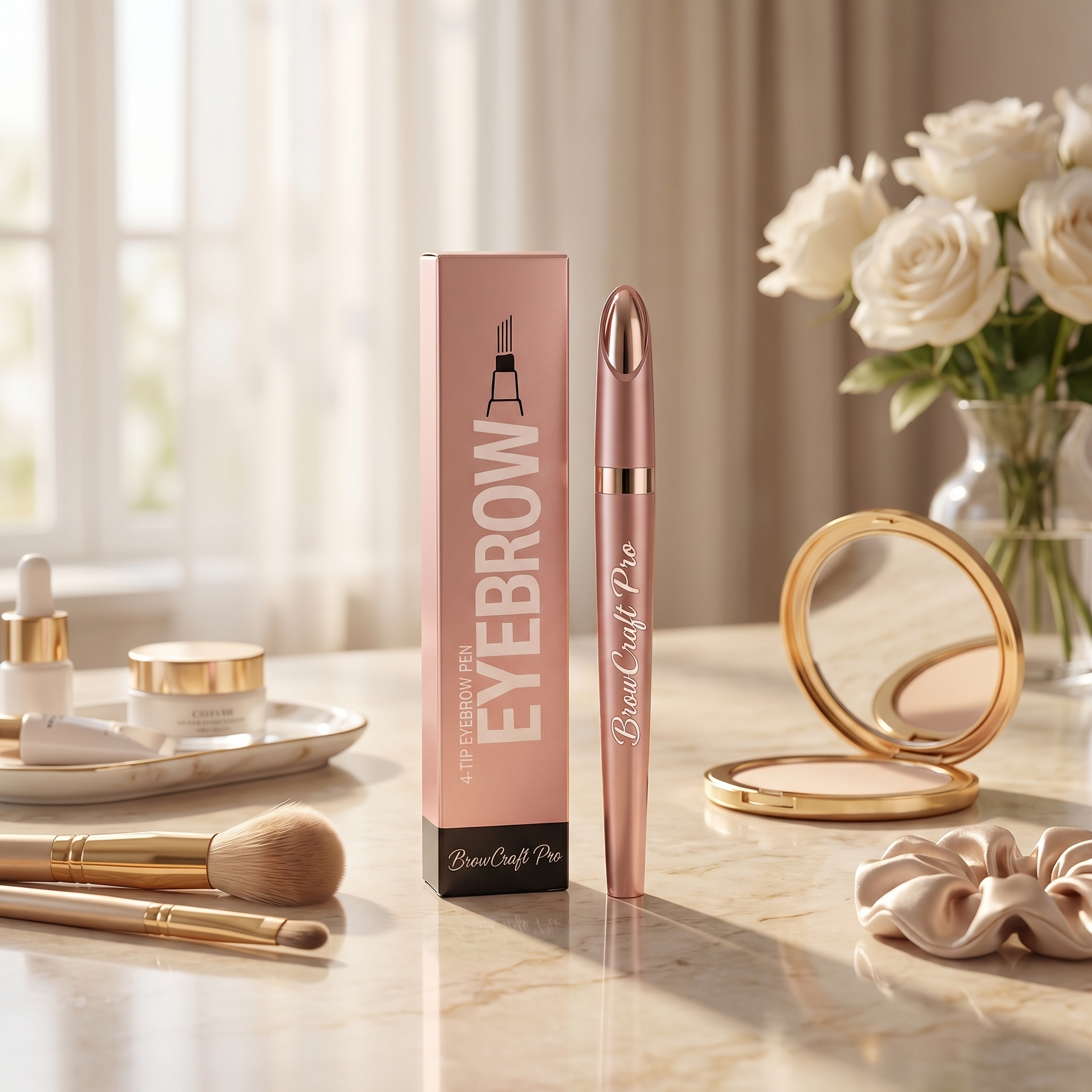 BrowCraft Pro eyebrow pen with packaging displayed on vanity for everyday brow routine