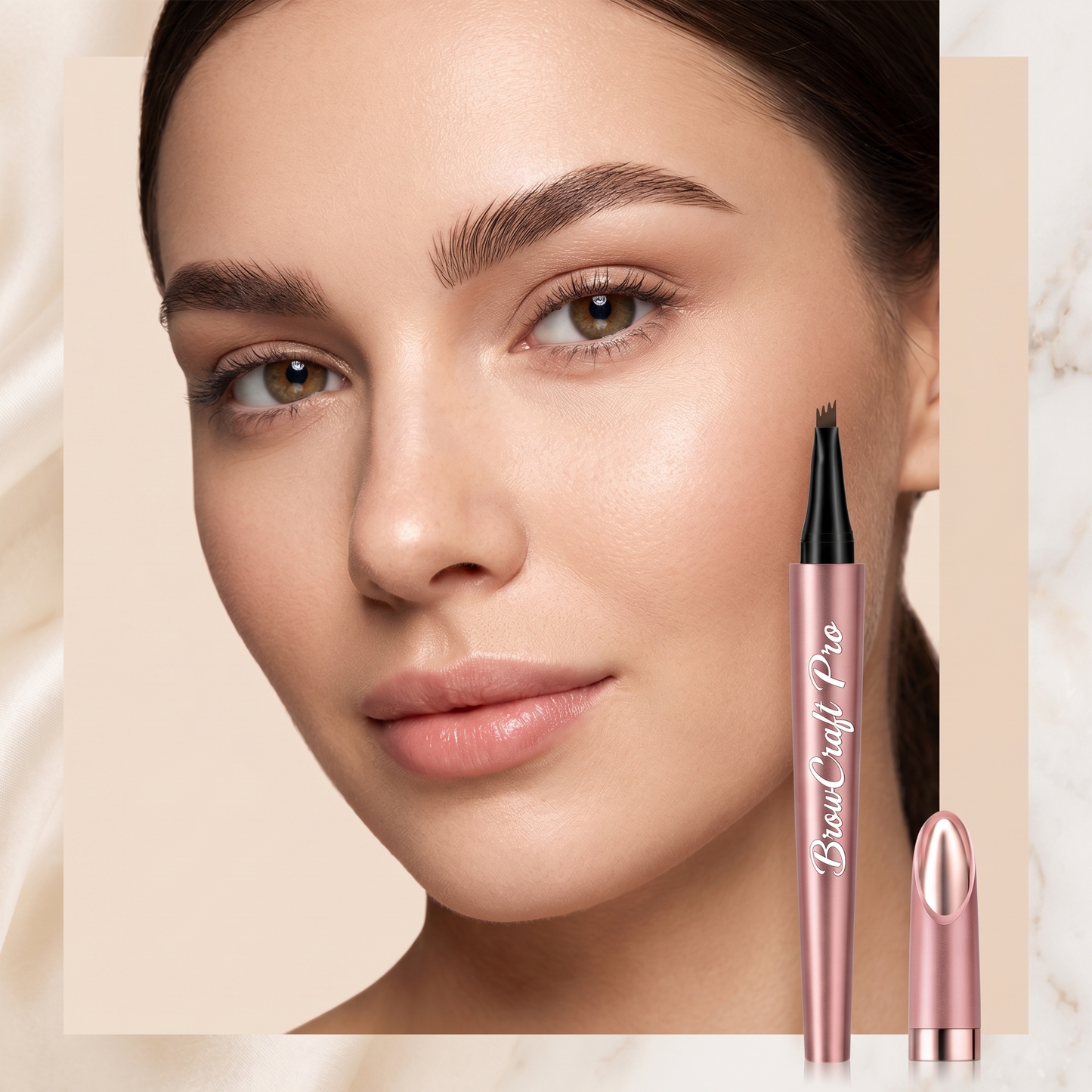 Natural full brows achieved with BrowCraft Pro eyebrow pen on model close up