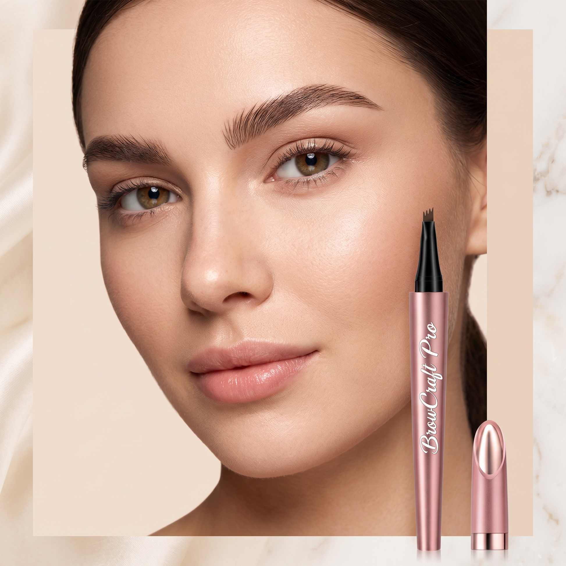 Natural full brows achieved with BrowCraft Pro eyebrow pen on model close up