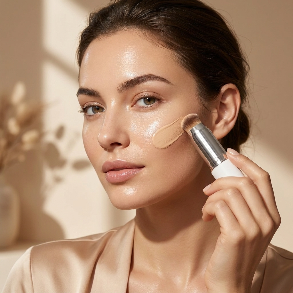 Woman applying SkinMatch Foundation Stick with integrated blending brush